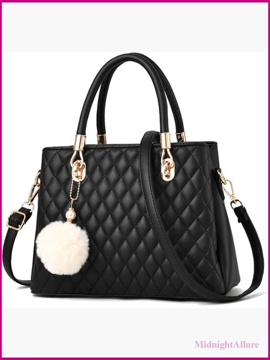 Handbags - Medium PU Leather Tote Satchel with Pompon